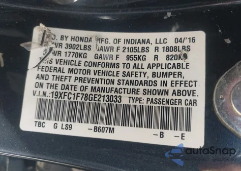 2016 Honda Civic Ex-L из США, поврежденный, VIN 19XFC1F78GE213033